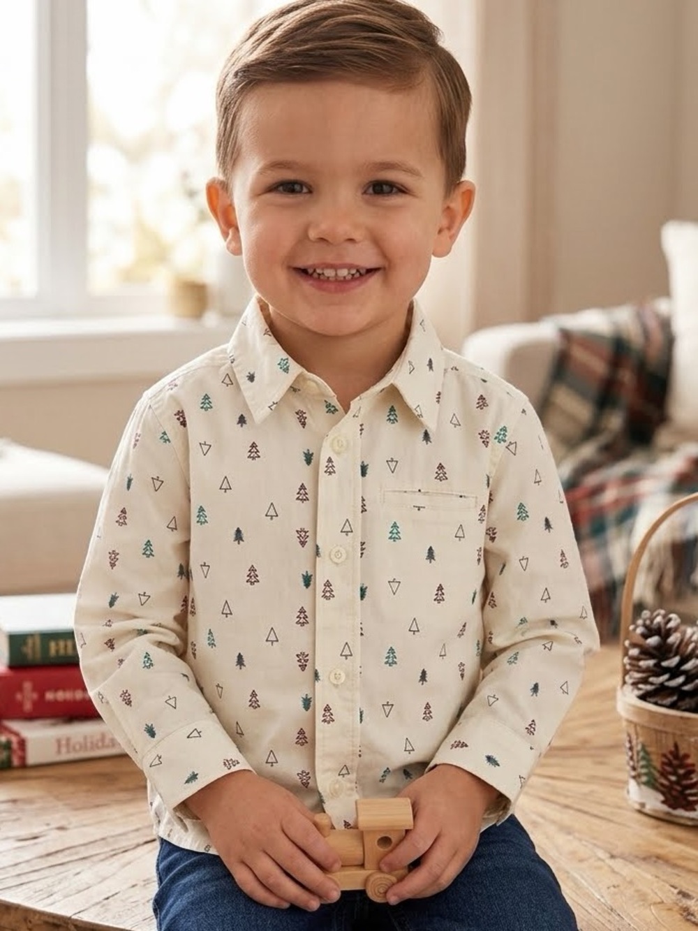 George White Button-Down Shirt with Multicolor Trees 9-12 months
